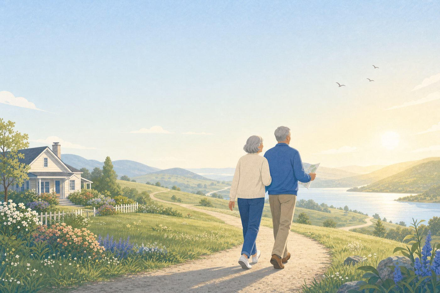 An illustrated couple walking a country path toward a lake