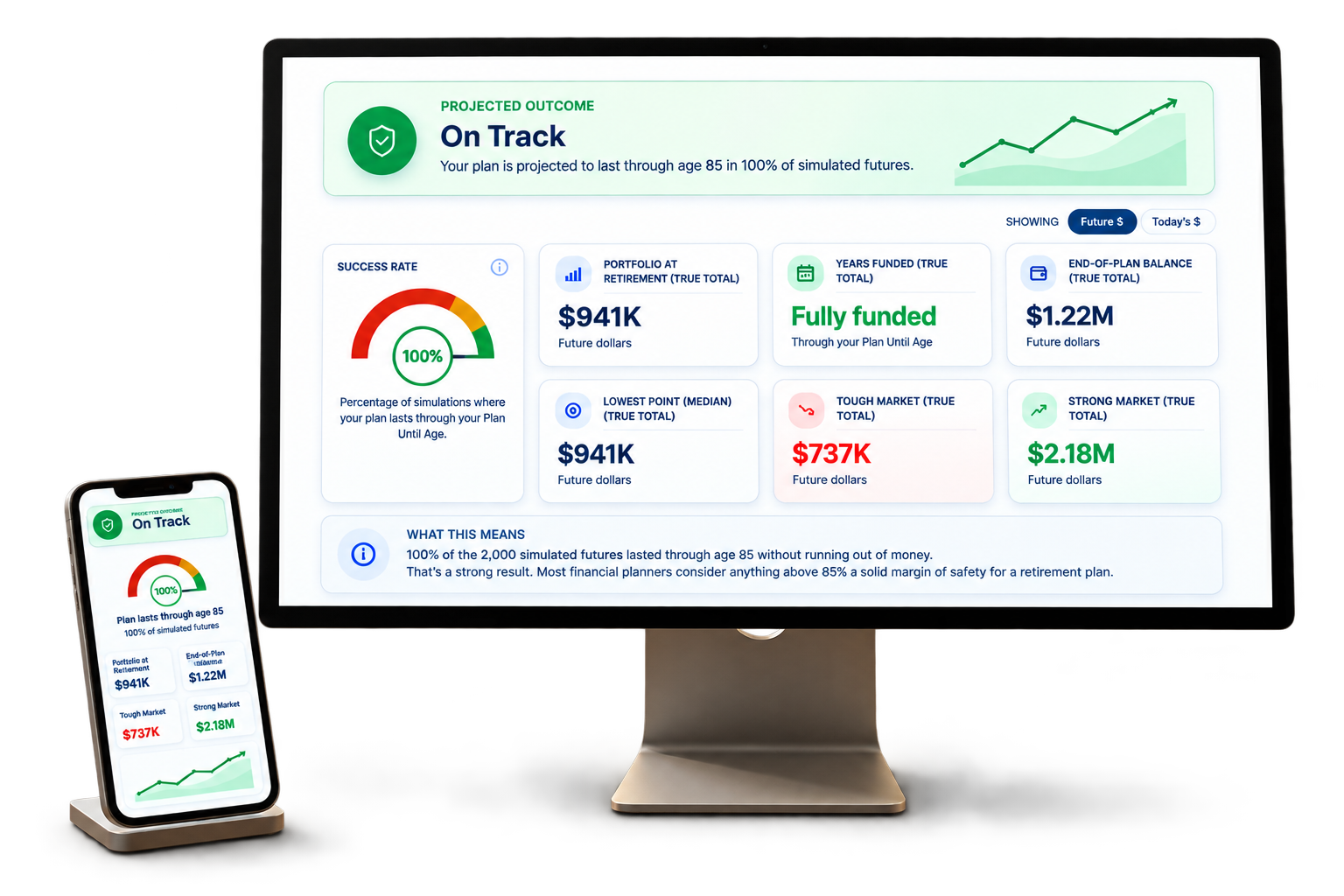 RetireNerd Retirement Planner & Modeler shown on desktop monitor and phone