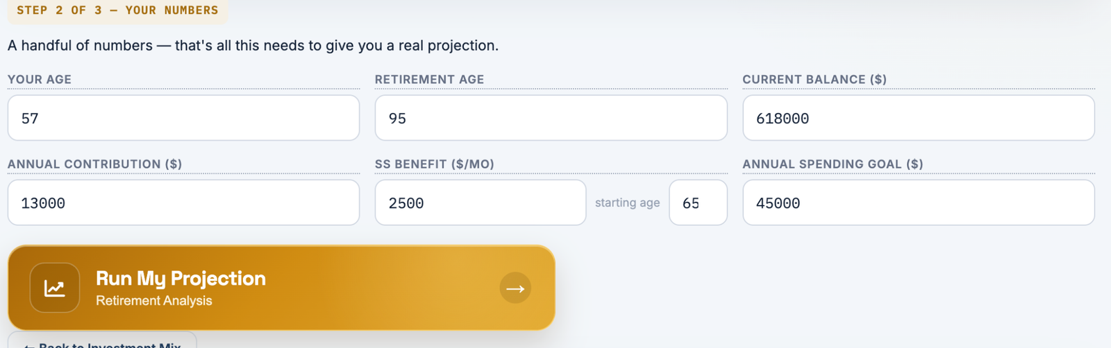 Quick Start retirement projection form