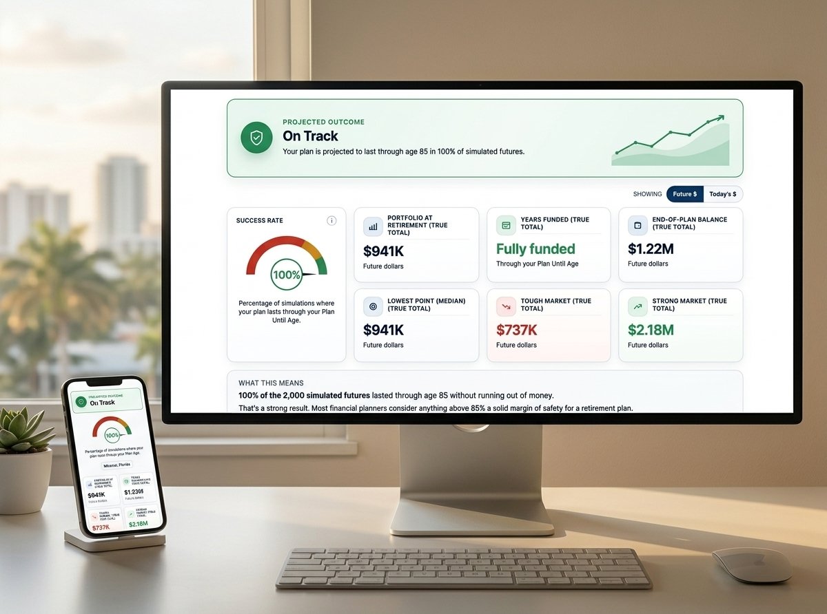 RetireNerd Retirement Planner & Modeler displayed on a desktop monitor and phone