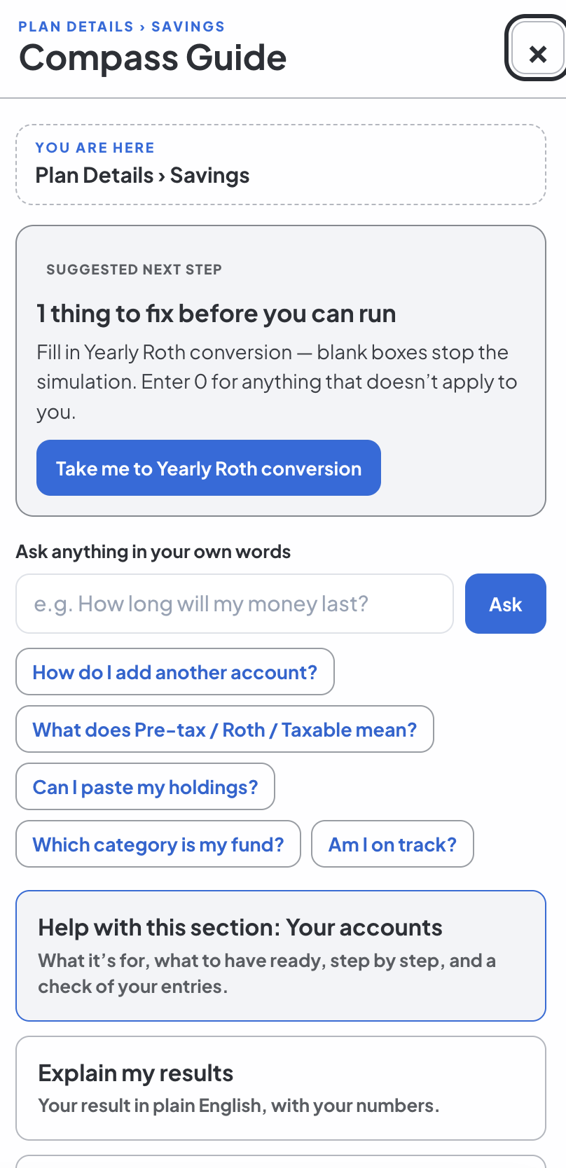 Compass Guide identifying a missing Roth conversion input and offering section-specific help and suggested questions