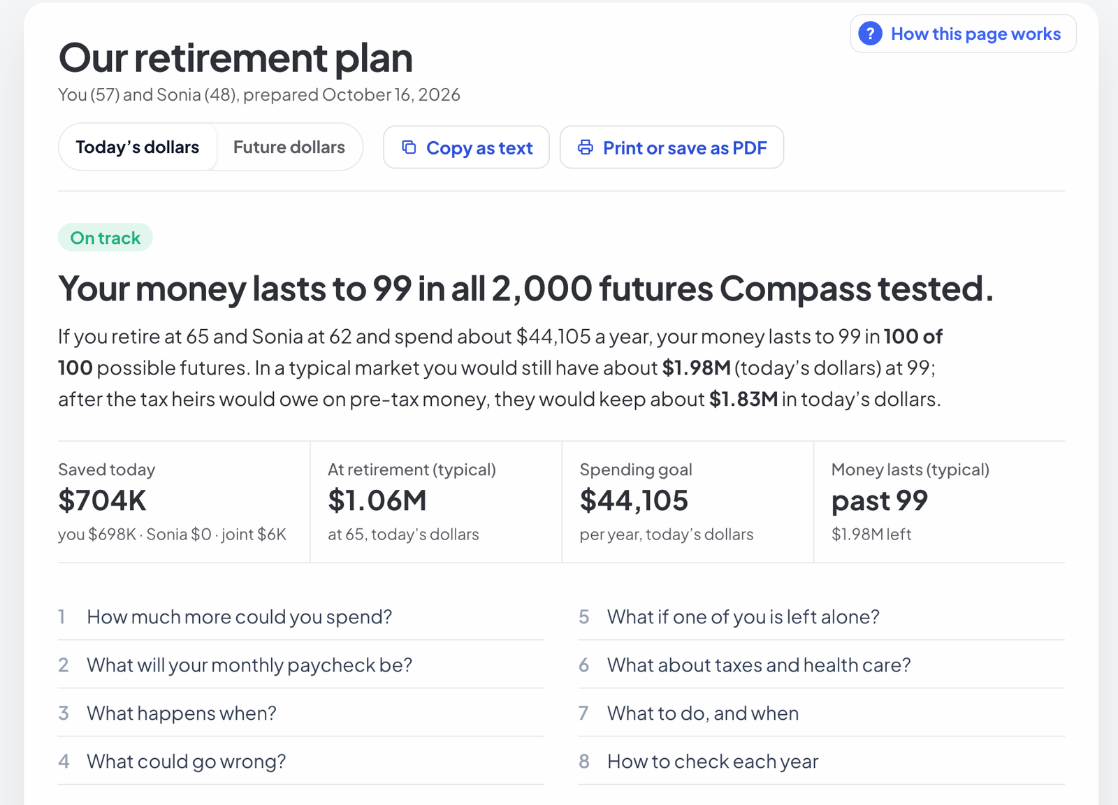 Compass plan summary showing an on-track retirement plan, headline results and printable report sections