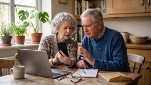 Retired couple at a kitchen table studying a message on a smartphone, the man raising his hand in caution beside a laptop and notepad