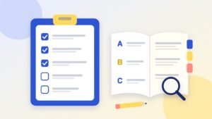 Illustration of a blue clipboard checklist with three items ticked beside an open glossary book with A, B and C entries and a magnifying glass