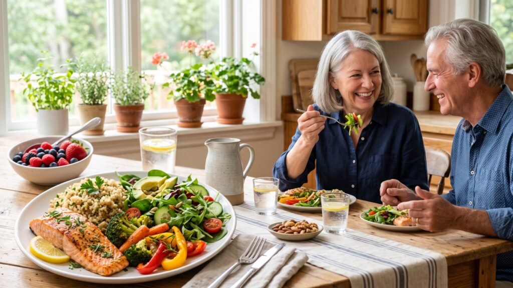 Smiling retired couple at a kitchen table with a plate of salmon, quinoa, roasted vegetables and salad, plus berries and nuts