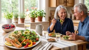 Smiling retired couple at a kitchen table with a plate of salmon, quinoa, roasted vegetables and salad, plus berries and nuts