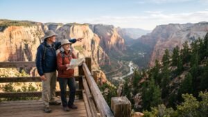 Retired couple in hiking gear at a wooden canyon overlook, the man pointing toward a river valley while the woman holds a map