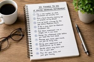 Notebook listing 10 things to do when nearing retirement, beside a coffee mug, glasses and a pen
