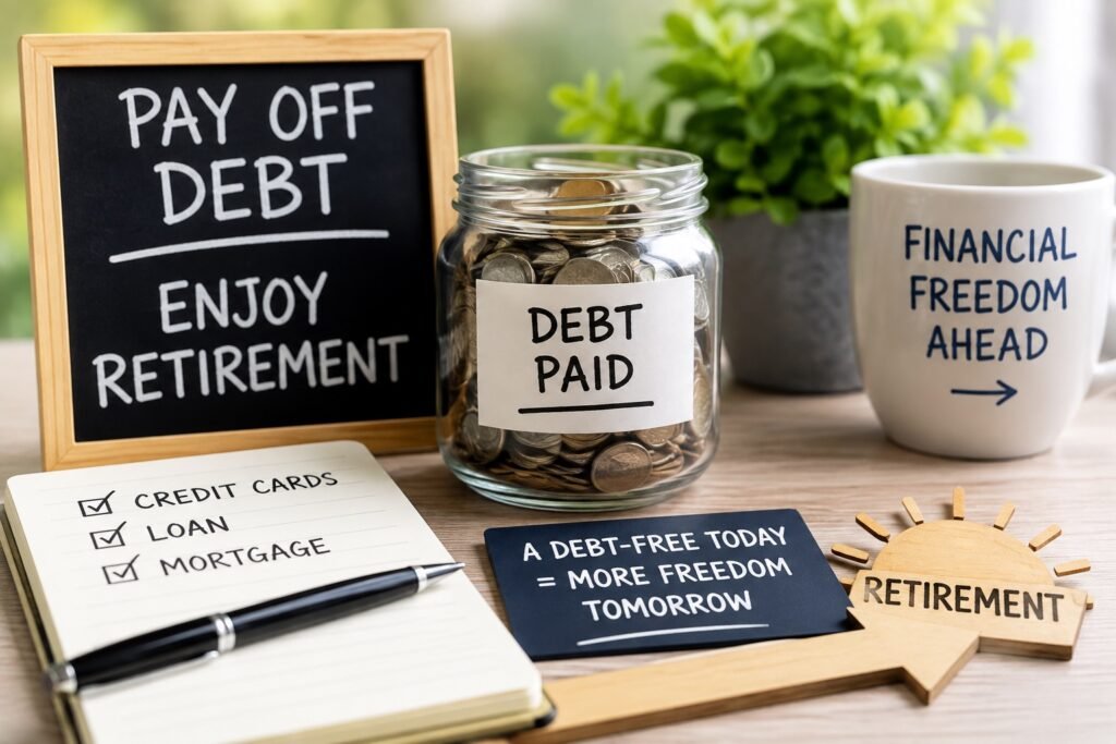 Chalkboard reading "Pay off debt, enjoy retirement" beside a coin jar labeled "Debt paid" and a debt checklist