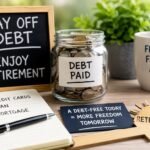 Chalkboard reading "Pay off debt, enjoy retirement" beside a coin jar labeled "Debt paid" and a debt checklist