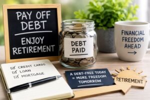 Chalkboard reading "Pay off debt, enjoy retirement" beside a coin jar labeled "Debt paid" and a debt checklist