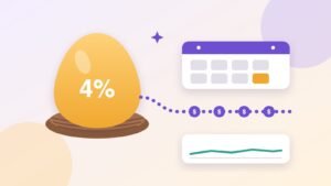 Illustration of a golden nest egg marked 4% releasing a steady stream of dollar coins beside a calendar and a level trend line