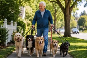 Smiling retired man walking five dogs on leashes along a tree-lined sidewalk