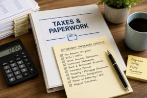 Taxes and paperwork binder with a retirement paperwork checklist, calculator and labeled file folders