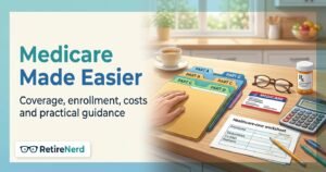 reading glasses, a prescription bottle, a calculator and a simple healthcare-cost worksheet on a bright kitchen table.