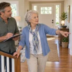 Older mother leading an aging-in-place home safety review while her adult son records notes