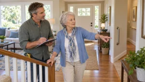 Older mother leading an aging-in-place home safety review while her adult son records notes