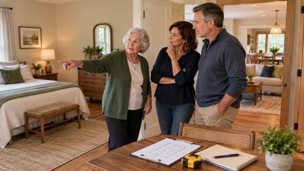 Aging mother and adult daughter and son-in-law evaluating a private living space in their home