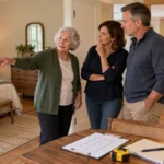 Aging mother and adult daughter and son-in-law evaluating a private living space in their home
