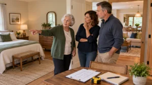 Aging mother and adult daughter and son-in-law evaluating a private living space in their home