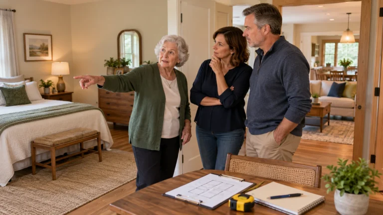 Aging mother and adult daughter and son-in-law evaluating a private living space in their home