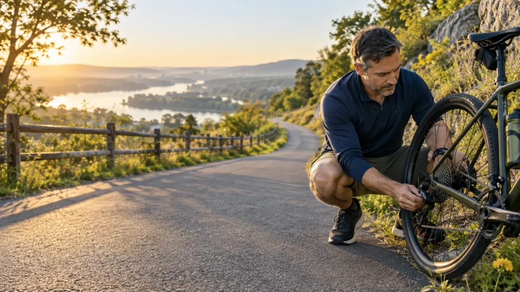 Midlife cyclist repairing a bicycle chain beside a rising country road at sunrise