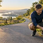 Midlife cyclist repairing a bicycle chain beside a rising country road at sunrise