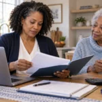 A working daughter reviews a benefits folder with her aging mother at a kitchen table.