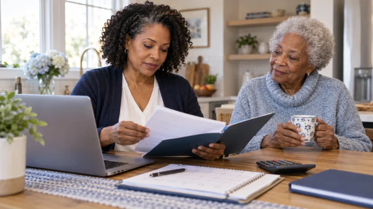 A working daughter reviews a benefits folder with her aging mother at a kitchen table.