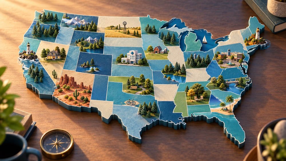 Illustrated map of the United States showing healthcare, housing, parks and retirement lifestyle resources