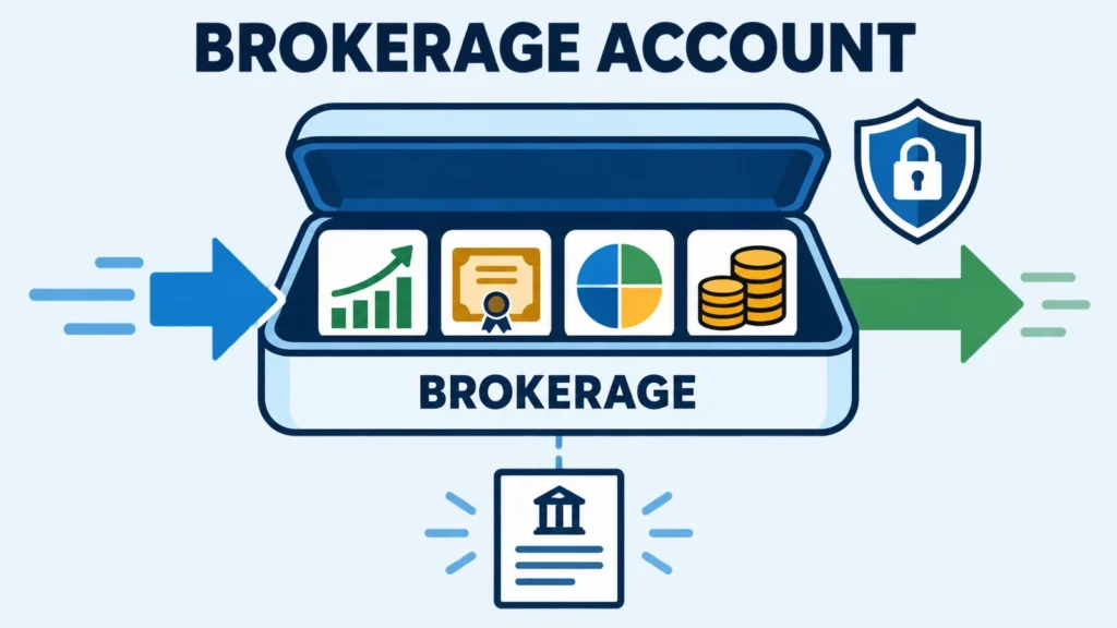 Symbolic brokerage account containing stock, bond, diversified fund and cash investments with deposit and withdrawal arrows