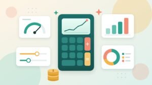 Illustration of a teal calculator surrounded by cards showing a gauge, sliders, a bar chart and a donut chart