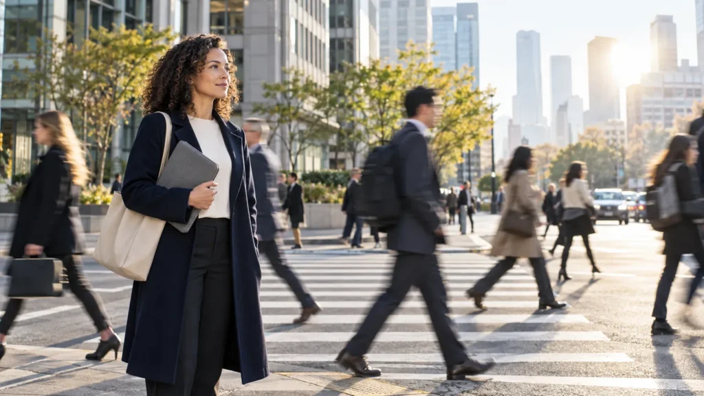 Mid-career professional pausing beside a crosswalk as commuters pass