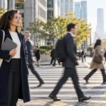 Mid-career professional pausing beside a crosswalk as commuters pass