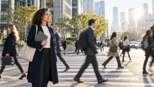 Mid-career professional pausing beside a crosswalk as commuters pass