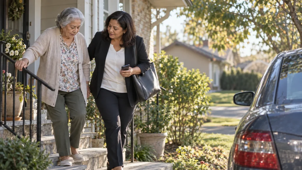 A working-age daughter helps her aging mother walk from the front porch toward a car