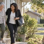 A working-age daughter helps her aging mother walk from the front porch toward a car