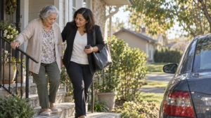 A working-age daughter helps her aging mother walk from the front porch toward a car