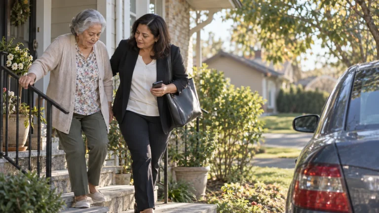 A working-age daughter helps her aging mother walk from the front porch toward a car