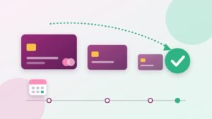 Illustration of credit cards shrinking along a timeline toward a green check mark, with a calendar icon
