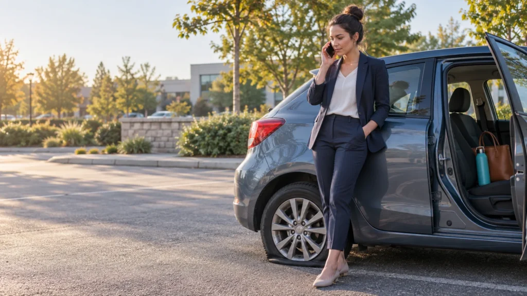 Young professional calling for help beside a car with a flat tire