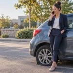 Young professional calling for help beside a car with a flat tire