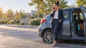 Young professional calling for help beside a car with a flat tire