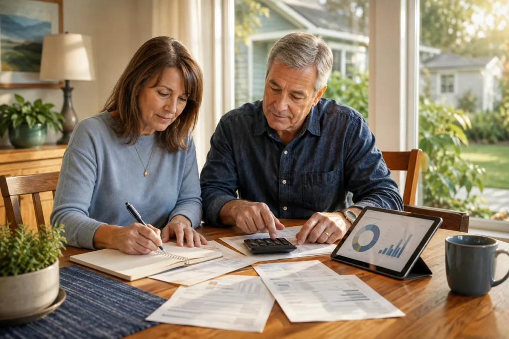 Couple estimating their retirement spending at home with a calculator and budget charts