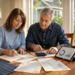 Couple estimating their retirement spending at home with a calculator and budget charts