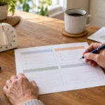 Hands completing a simple retirement planning worksheet beside a 60-minute timer and calculator