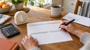 Hands completing a simple retirement planning worksheet beside a 60-minute timer and calculator