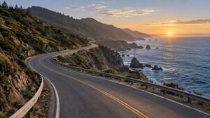 A winding coastal road protected by guardrails as it continues toward sunrise