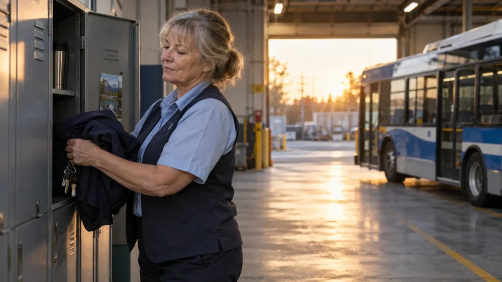 A midlife bus driver places her work jacket in a depot locker at the end of a shift.