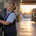 A midlife bus driver places her work jacket in a depot locker at the end of a shift.